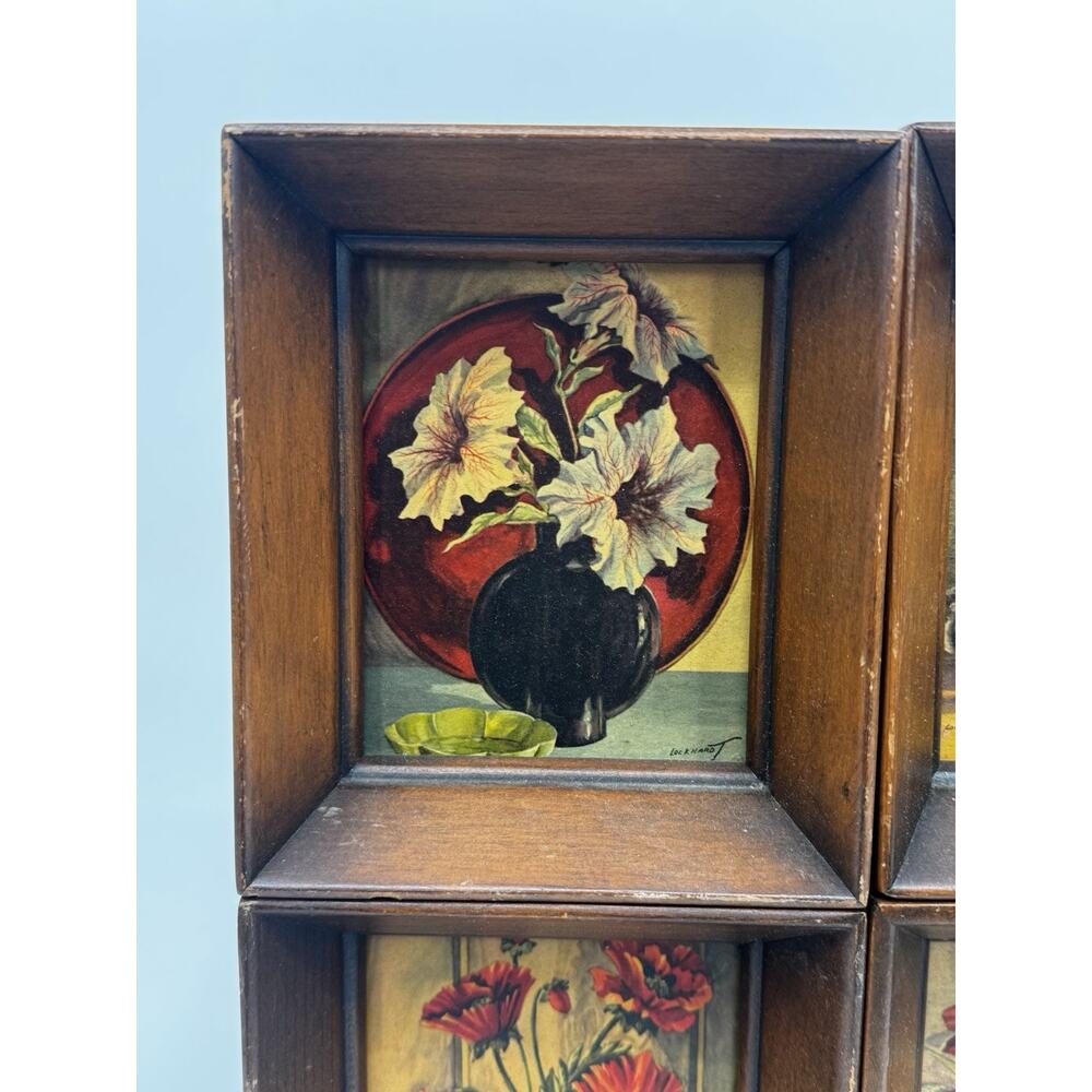 Lockhardt Floral Prints Vintage Wooden Framed Set of 4 Small Artworks 5x6 Each - Picture 4 of 10